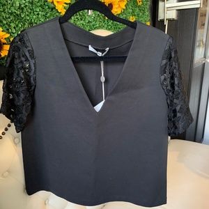 Alexis V-Neck Black Blouse Lace Sleeves